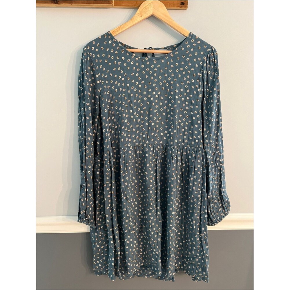 American Eagle Blue Floral Babydoll Mini Dress Long Sleeve Pockets Boho Cottage